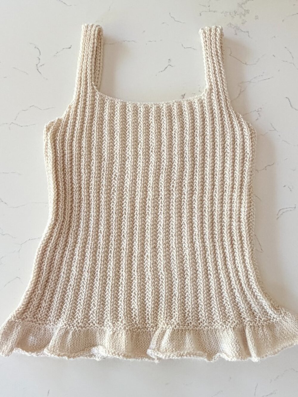 Hand Knit Cream Ribbed Tank Top Handmade Peplum Hem Cottagecore Boho Sweater